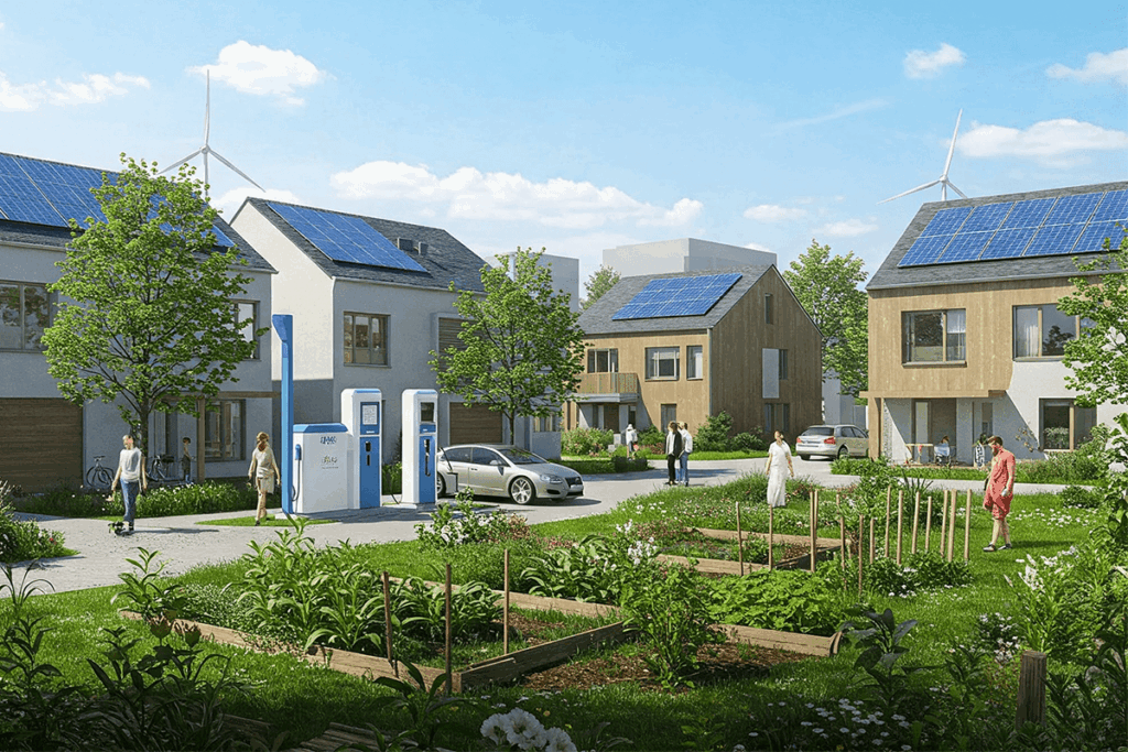 modern eco-conscious neighborhood with solar panels and small-scale hydrogen fueling station